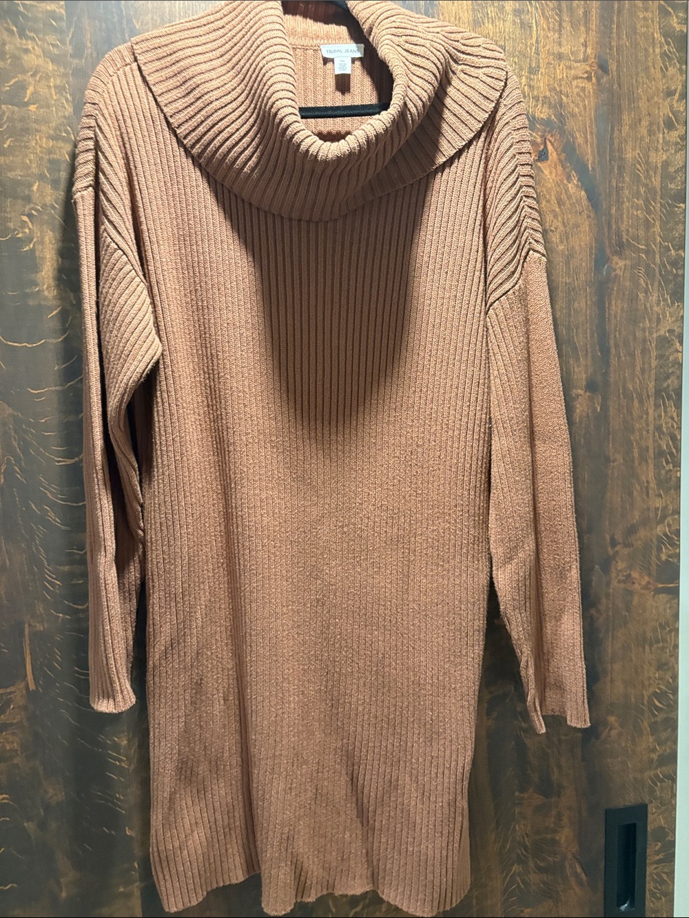 Tribal Ribbed Cowl Neck Longline Sweater - Camel Brown